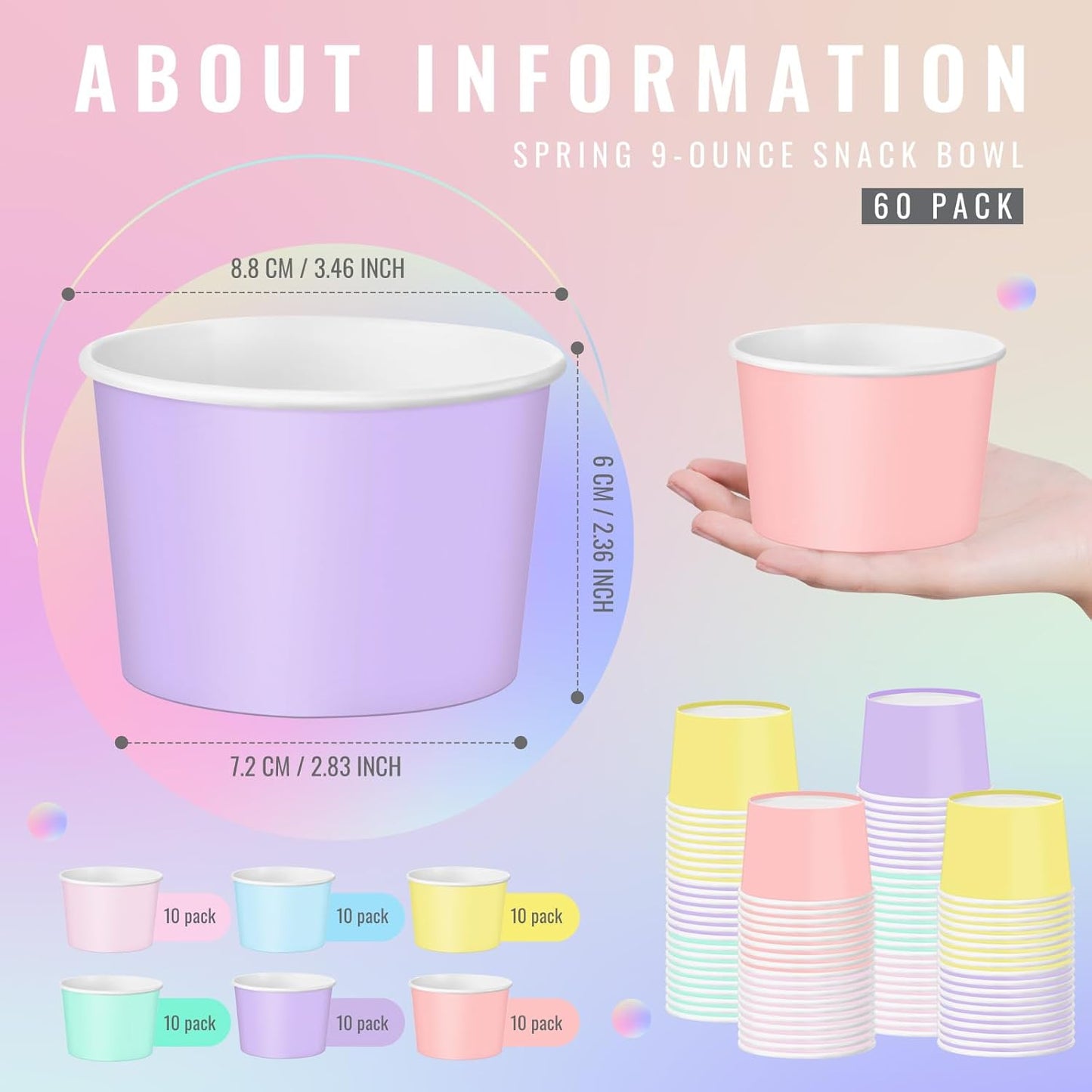 Paper Ice Cream Cups 9oz Colored Disposable Dessert Bowls for Hot or Cold Food Party Cups for Birthday Baby Shower Easter Party Supplies(Pastel Color,60 Pcs)