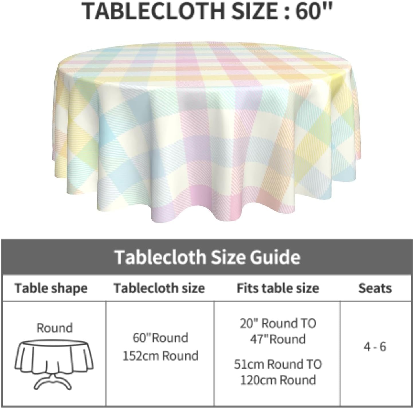 Giwawa 60in Easter Plaids Round Tablecloth Colorful Spring Checkered Circle Table Cover for Kitchen Dining Heat Stain Resistant Washable Table Cloth for Picnic Party Indoor Outdoor Decor