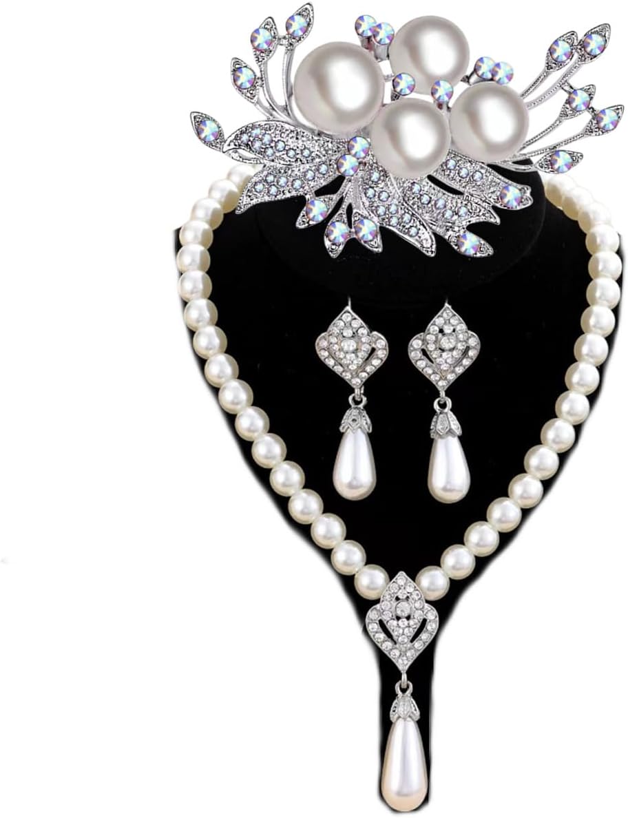 la luen Pearl Bride Wedding Jewelry Set Faux Pearls Crystal Rhinestone Necklace Earrings Bracelet Sets for Women Bridesmaid(3 PCS)
