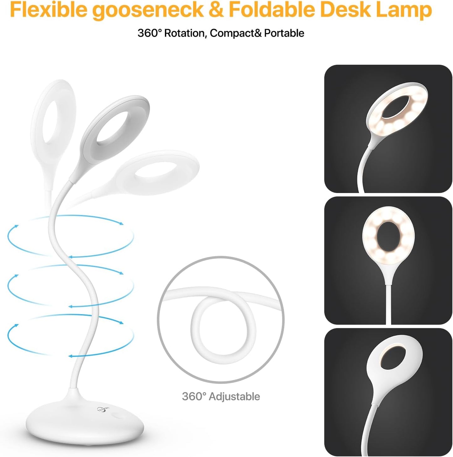 LED Desk Lamp with 3 Color Modes, Touch Control 30 LEDs Table Lamp, Stepless Dimming Reading Light,360° Flexible, Rechargeable Portable Eye-Caring Sleep Aid for Dorm Study Office Bedroom, White