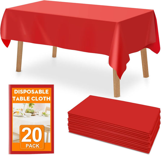20 Pack Red Plastic Table Cloths Disposable，54 x 108 Inches Plastic Table Cover for Rectangle Tables，Disposable Tablecloth for Dinning，Parties，BBQ，Wedding，Outdoor