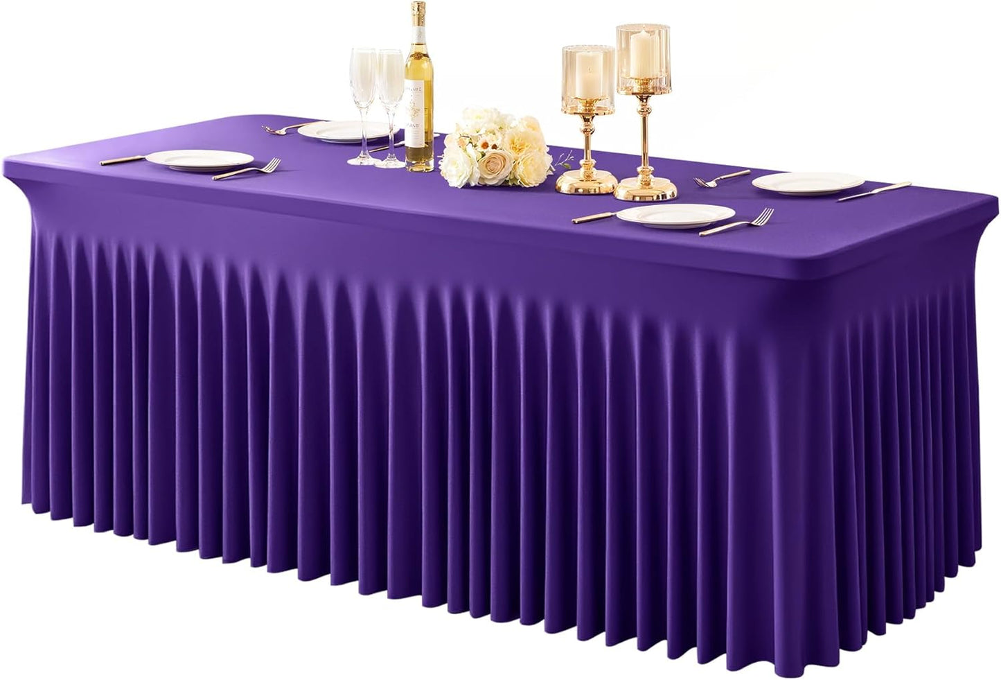 1 Pack Purple Table Clothes for 6 Foot Rectangle Tables, One-Piece Wrinkle Resistant Stretch Spandex Table Covers with Skirt for Event Banquet Wedding Birthday Party