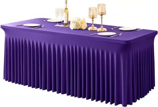 1 Pack Purple Table Clothes for 4 Foot Rectangle Tables, One-Piece Wrinkle Resistant Stretch Spandex Table Covers with Skirt for Event Banquet Wedding Birthday Party