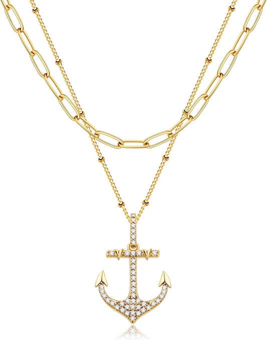 MEVECCO Layered Heart Necklace Pendant Handmade 18k Gold Plated Dainty Gold Choker Arrow Bar Layering Long Necklace for Women