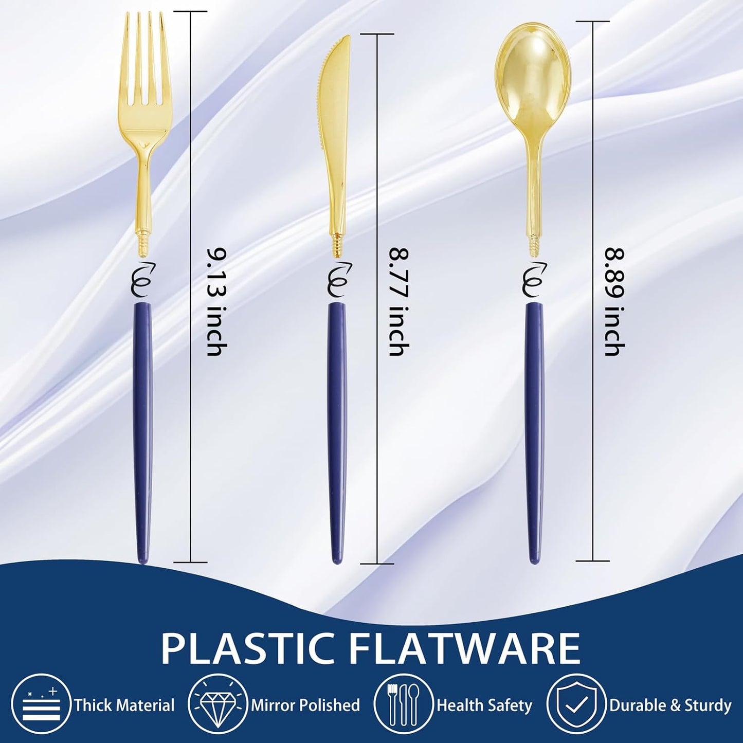 Supernal 102Pcs Dark Blue Plastic Silverware, Gold Plastic Cutlery with Dark Blue Handle, Gold Disposable Utensils Includes 34 Forks, 34 Spoons and 34 Knives for Mother's Day, Wedding, Theme Banquet