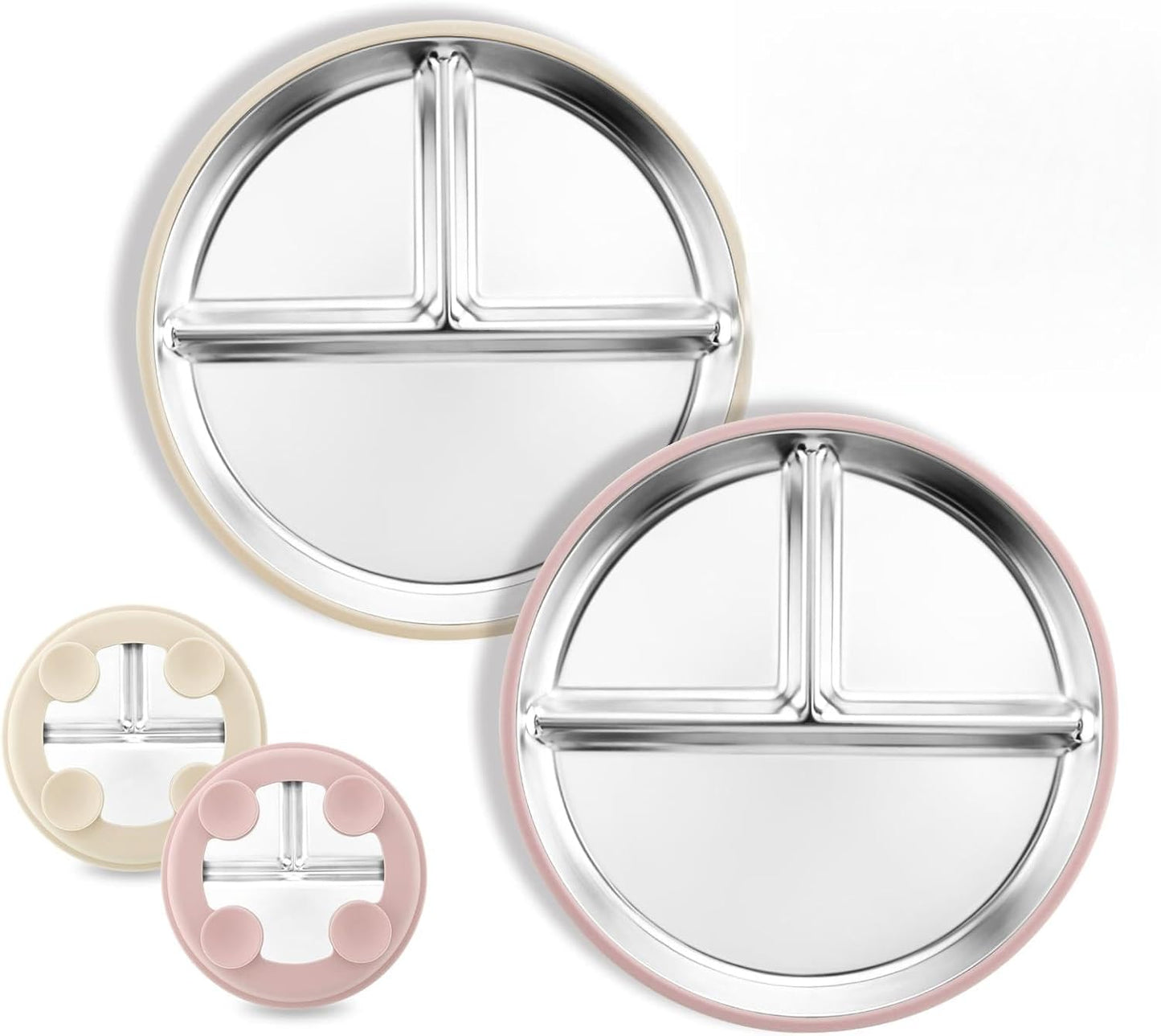 Stainless Steel Baby Plate with Suction, 8” Divided Toddler Plates with Removable Silicone Sleeves for Kids, Non-Toxic Non-Slip Unbreakable Dishwasher Safe Dinnerware Set of 2, Pink & Beige