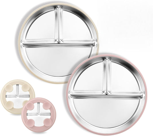 Stainless Steel Baby Plate with Suction, 8” Divided Toddler Plates with Removable Silicone Sleeves for Kids, Non-Toxic Non-Slip Unbreakable Dishwasher Safe Dinnerware Set of 2, Pink & Beige