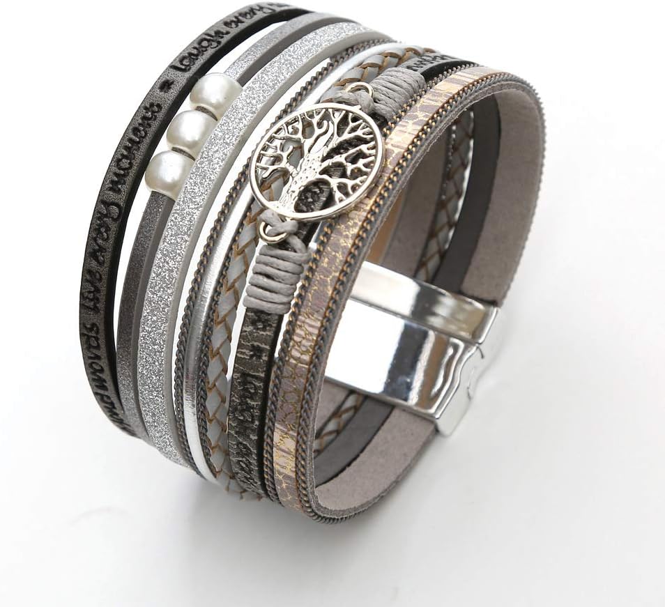 Fesciory Leopard Bracelet for Women, Boho Leather Wrap Multi-Layer Pearl Crystal Bracelet Bangle Jewelry