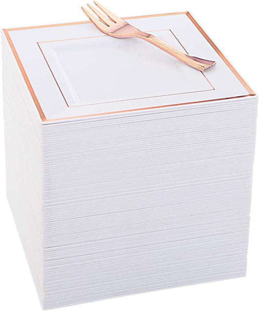 WDF 86pcs Rose Gold Dessert Plates 6" with 86 Pieces Disposable Forks 5", Elegant Square Appetizer Small Plastic Plates for Mother's Day, Wedding