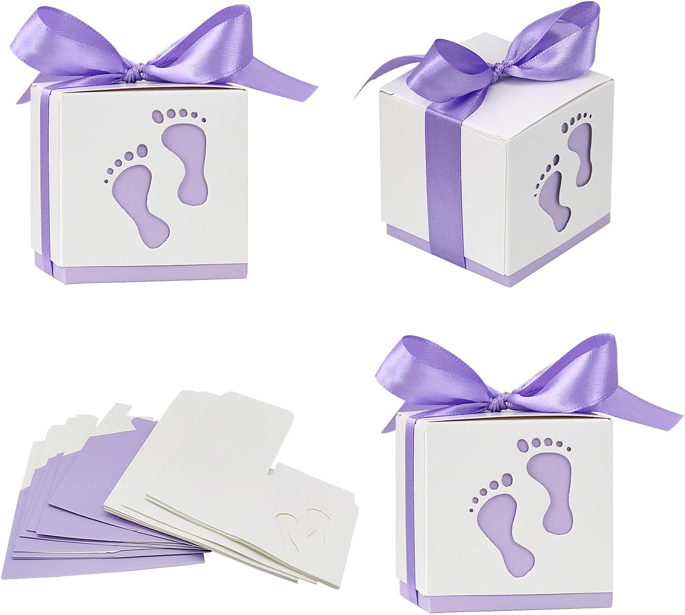 50pcs Baby Shower Party Favor Boxes, Footprint Design Candy Treat Gift Boxes for Kids Birthday Baby Shower Guests Wedding Party Supplies with Ribbon,Purple