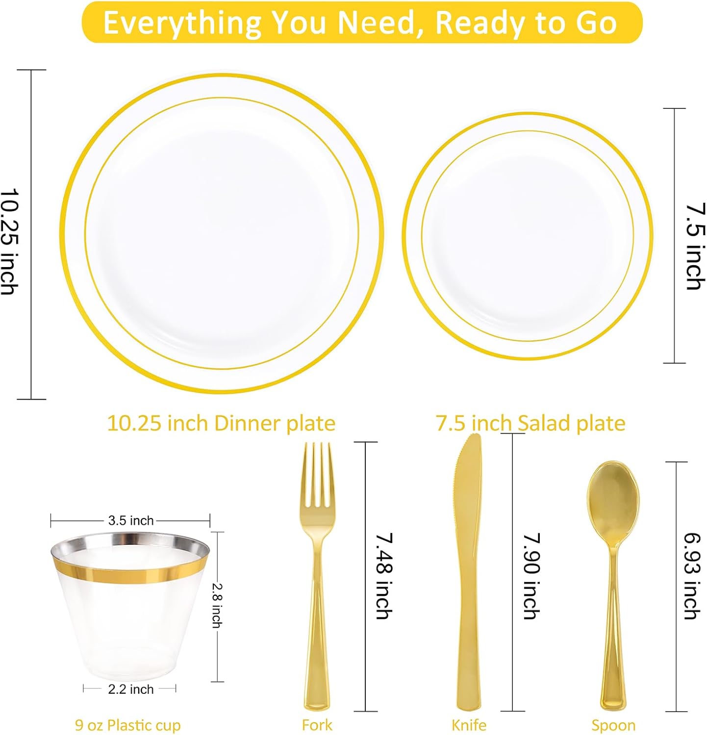 WELLIFE 350-Piece Gold Disposable Plates and Cutlery Set - Premium 10.25" Dinner Plates, 7.5" Dessert Plates, 9oz Cups & Cutlery for Weddings, Catering Events - 50 Guest Service - Elegant & Sturdy