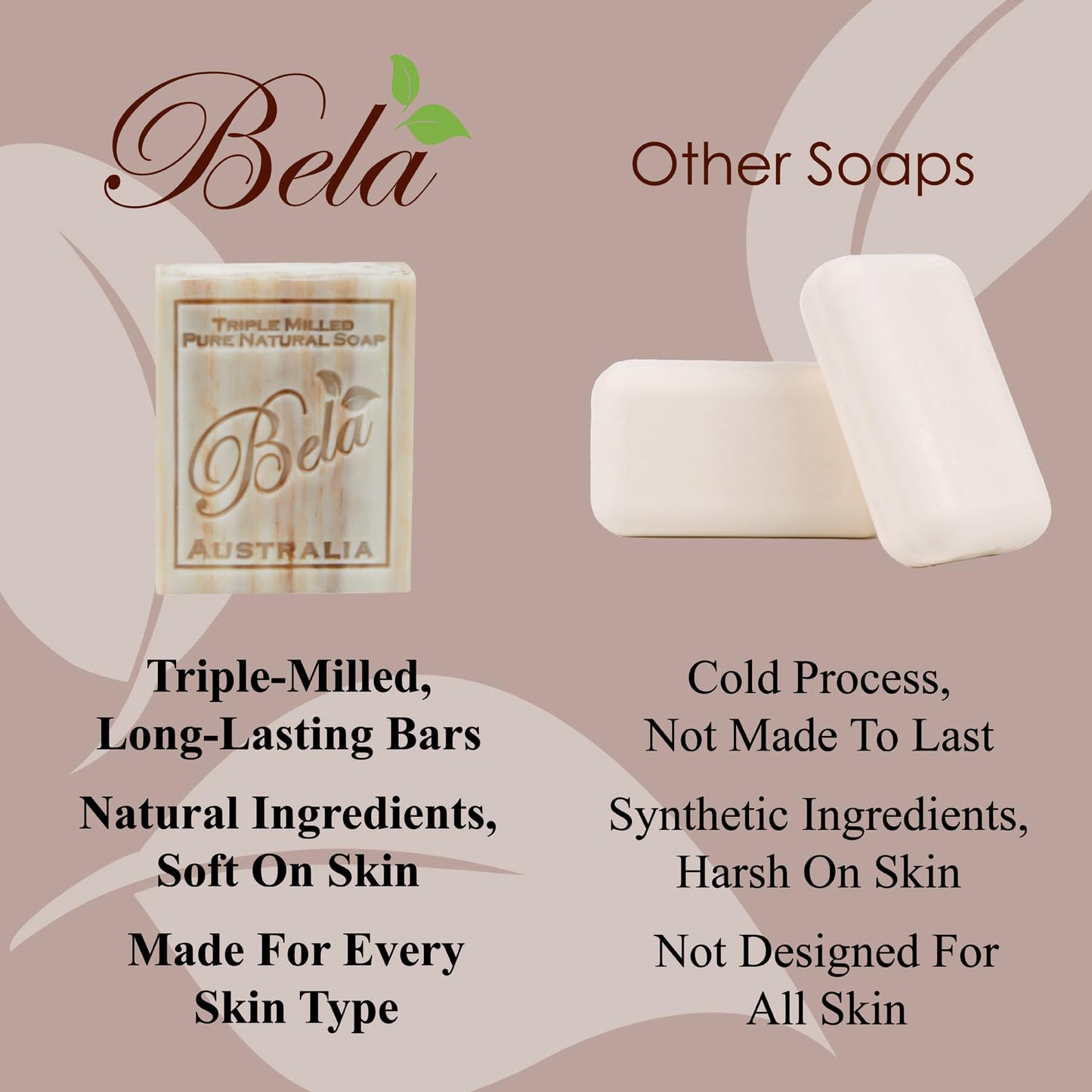 BELA Almond Soap 3.3 oz Pack of 6, French Triple Milled with Organic Shea Butter, Hand Face and Body Wash Bar Made in Australia