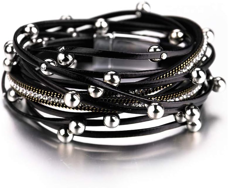 Fesciory Leather Wrap Bracelets for Women, Boho Leopard Multi-Layer Crystal Beads Cuff Bracelet Jewelry