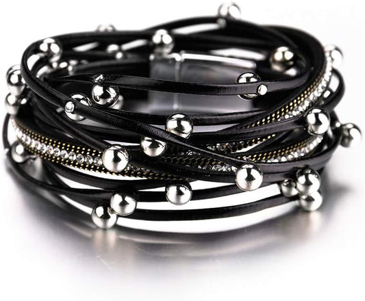 Fesciory Leather Wrap Bracelets for Women, Boho Leopard Multi-Layer Crystal Beads Cuff Bracelet Jewelry