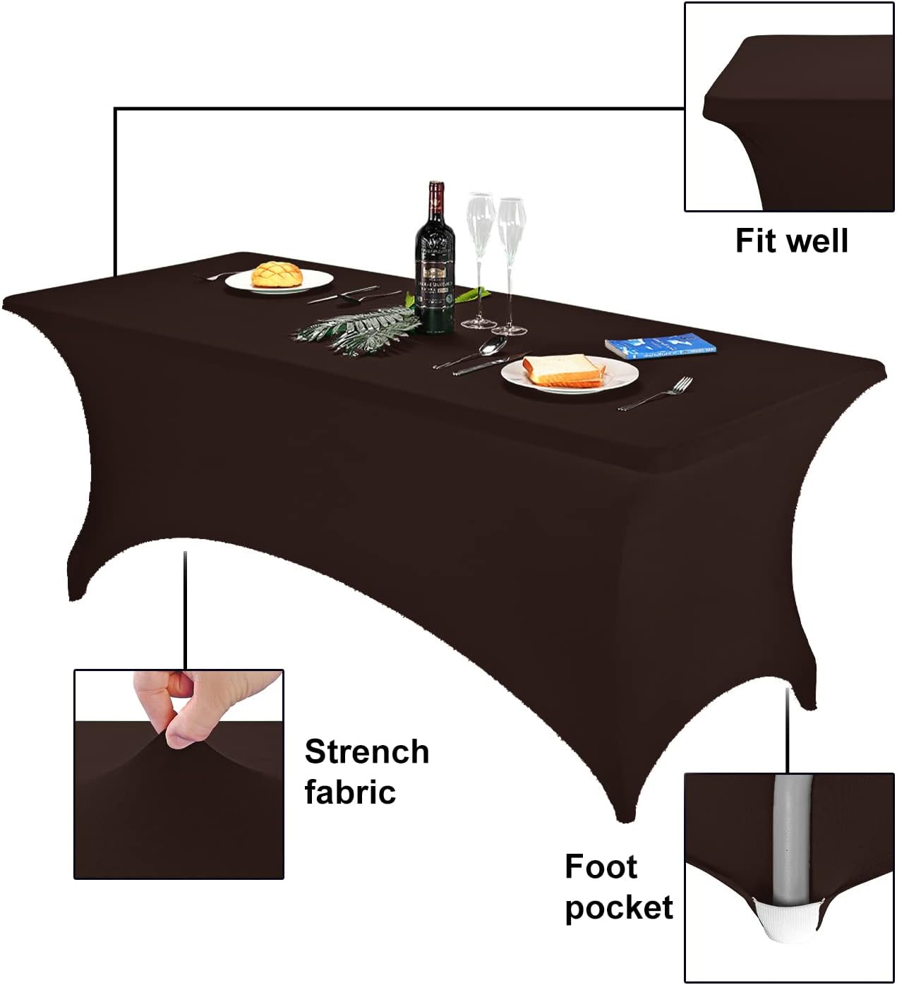 FORLIFE Spandex Table Cover - Fitted 6ft Rectangular Tablecloth, Stretch Patio Cover, Universal for Wedding, Banquet, Party (Chocolate)