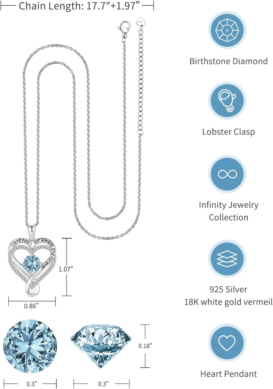 Jewelry for Women Wife Infinity Heart Birthstone I Love You Necklace S925 Anniversary Women Necklaces for Her Wife Birthday Gift Ideas, Birthday Present for Girlfriend Mom Daughter Sterling Silver