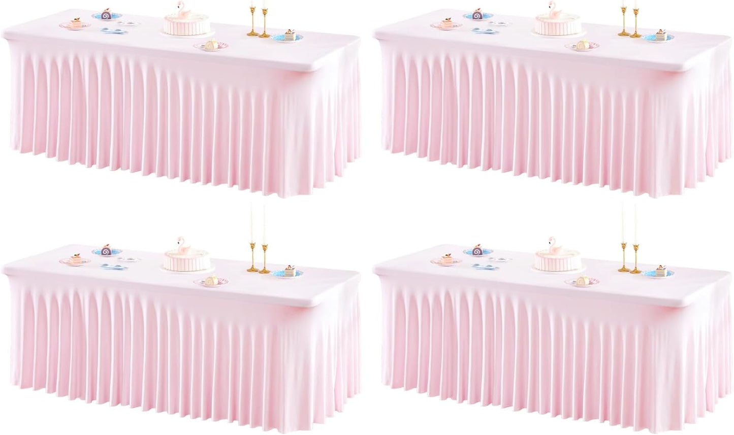 4 Packs Pink Table Clothes for 8 Foot Rectangle Tables, One-Piece Wrinkle Resistant Stretch Spandex Table Covers with Skirt for Event Banquet Wedding Birthday Party
