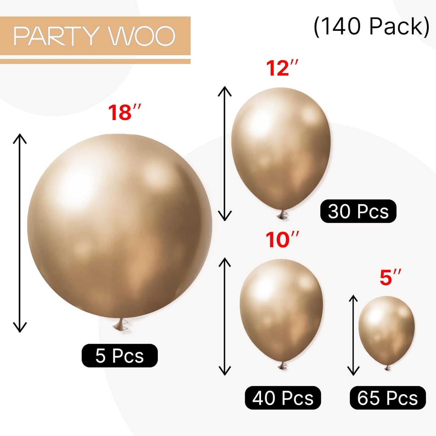 PartyWoo Metallic Gold Balloons 140pcs Different Sizes of 18 12 10 5 Inch Chrome Gold Balloon Arch Kit Garland for Birthday Graduation Baby Shower Wedding Bachelorette Party Decorations Gold-G127
