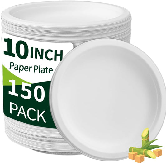 Heavy Duty Paper Plates 10 inch Large (Round-150 Count) White Disposable Dinner Paper Plates Bulk for Everyday Meals, Picnic, BBQ and Gathering, Leak Proof/Microwave-Safe/Sturdy/Cut Resistant
