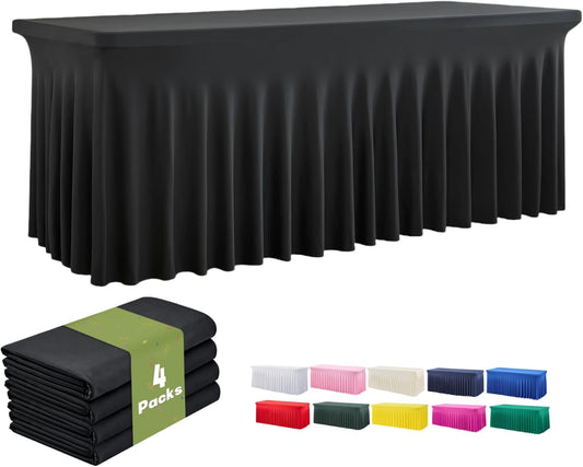 leegleri 4 Pack Black Spandex Table Cloths for 6 Foot Rectangle Tables, Wrinkle Free Stretch Fitted Tablecloths 6ft, Black Banquet Tablecloth with Skirt for Parties Weddings Birthday