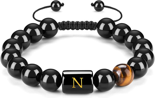 FRG Initials Bracelets for Men Letter Link Handmade Natural Black Onyx Tiger Eye Stone Beads Braided Rope Meaningful Bracelet