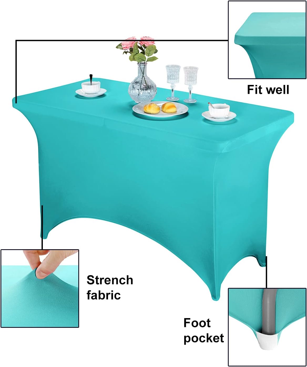 FORLIFE Spandex Table Cover - Fitted 4ft Rectangular Tablecloth, Stretch Patio Cover, Universal for Wedding, Banquet, Party (Turquoise)