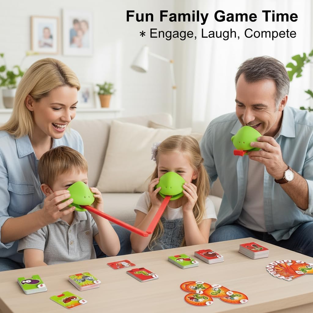 Chameleon Tongue Game for Kids, Frog Tongue Game with Blowing air, Lizard Party Blower Masks Insect Cardboard Included (4pc)