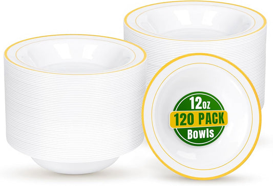 bUCLA 120 Pack Disposable Plastic Bowls Gold Trim 12oz - Elegant Party Bowls Disposable for Salad, Soup, Dessert, Ideal for Wedding & Thanksgiving