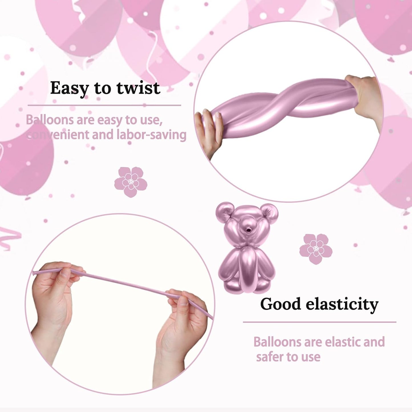 KAWKALSH 260 Metallic Pink Long Balloons for Balloon Garland Thickening Skinny Latex Twisting Animals Modeling Christmas Birthday Wedding Party Festival Decorations 100pcs