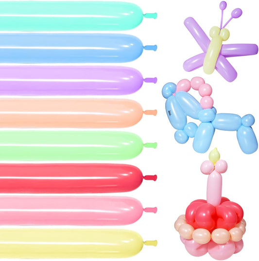 100Pcs Pastel Long Balloons forTying Balloon Arch, Assorted 260q Balloons Thickening Skinny Latex Twisting for Animals Shape modeling.