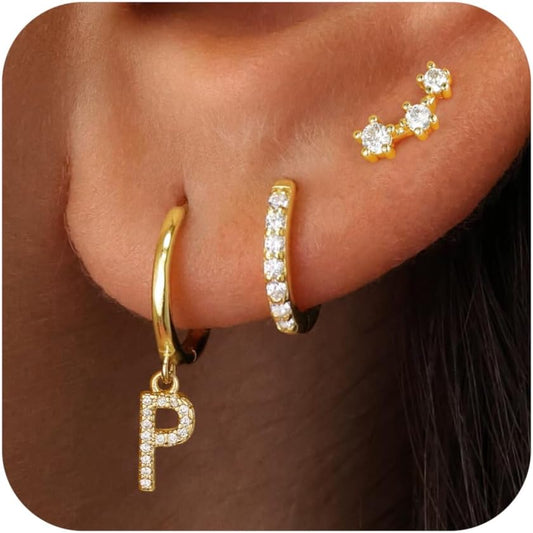 Gold Earrings for Women Girls - 3 Pairs Gold Huggie Hoop Earrings for Girls with Initial Dangle Cartilage Earrings Studs Hypoallergenic Earring Set for Multiple Piercing Gifts for Women Girl