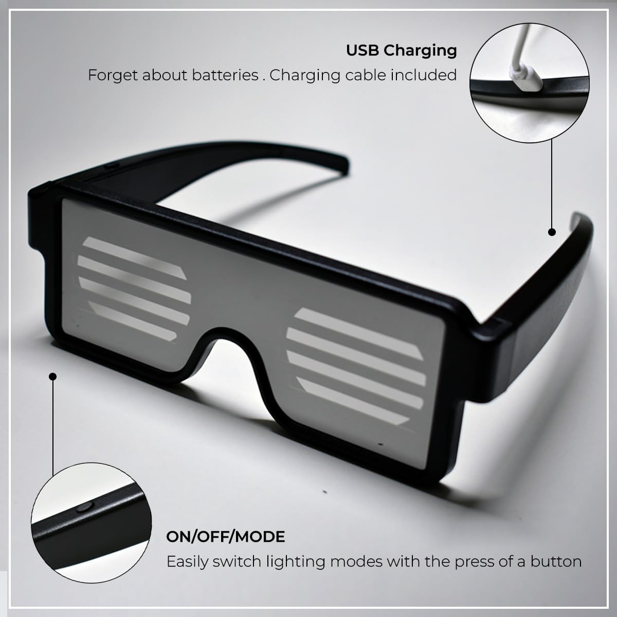 LED Glasses: Light Up Sunglasses with Long-Life Battery, Neon, 11 Patterns