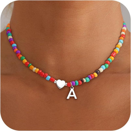 Christmas Gifts for Grandkids Teens Girls - Colorful Beaded Initial Necklace Teen Girl Gifts Trendy Stuff Dainty Letter Choker Necklace Stocking Stuffers for Teen Girls Women Jewelry