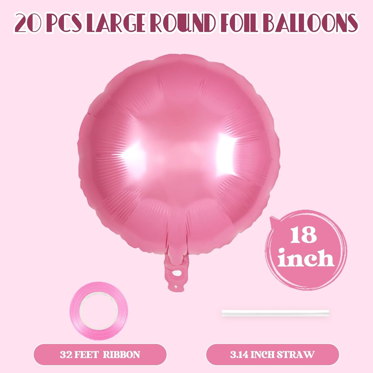 20 Pcs Pink Round Shaped Balloons,18 Inch Round Foil Balloon,Giant Round Mylar Balloon Helium Balloons for Birthday Party Baby Shower Wedding Decorations (Pink)
