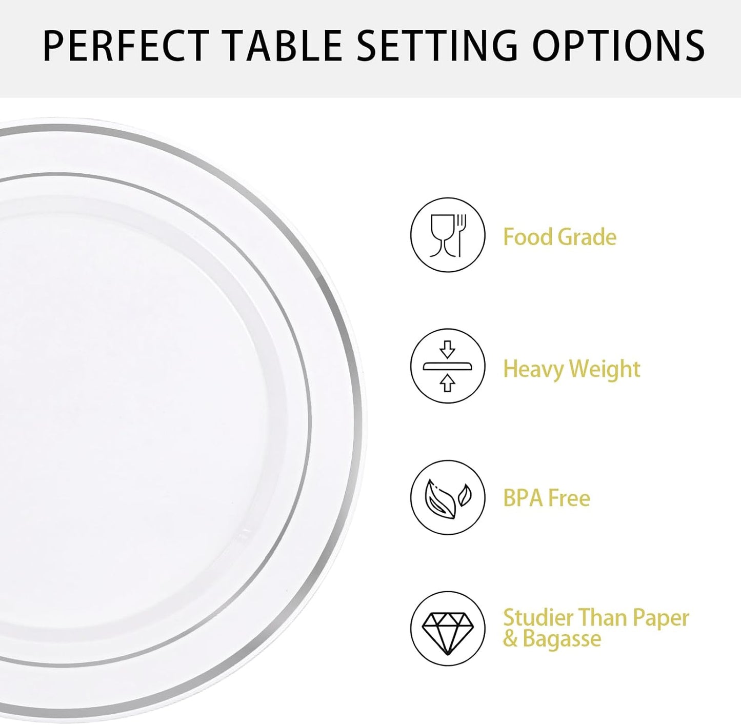 Supernal 102pcs White and Silver Plastic Plates Disaposable Party Plates White Silver Rim Heavy Duty Fancy Silver Plastic Dinnerware Set included 51 Dinner & Dessert Plates for Birthday and Wedding