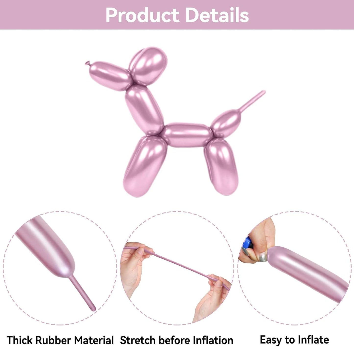 Metallic Pink Long Balloons Premium 260 Twisting Animals Magic Balloons for Birthday Kids Wedding Party Supply 100pcs