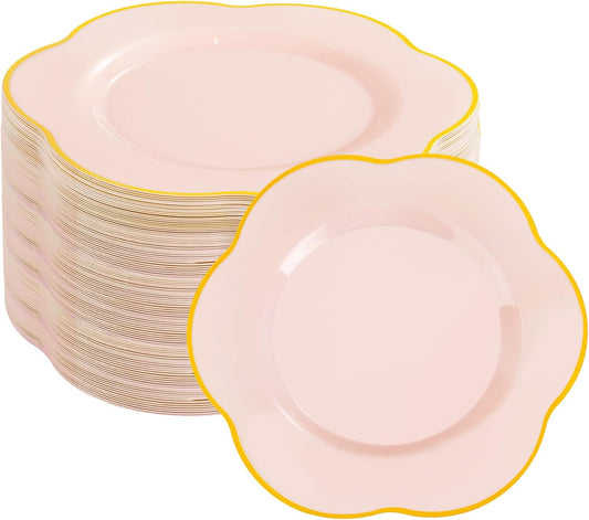 Liacere 100PCS Pink Plastic Plates - Plastic Dinner Plates - Floral Disposable 10inch Heavy Duty Pink and Gold Dinner Plates, Perfect for Wedding & Party & Holiday