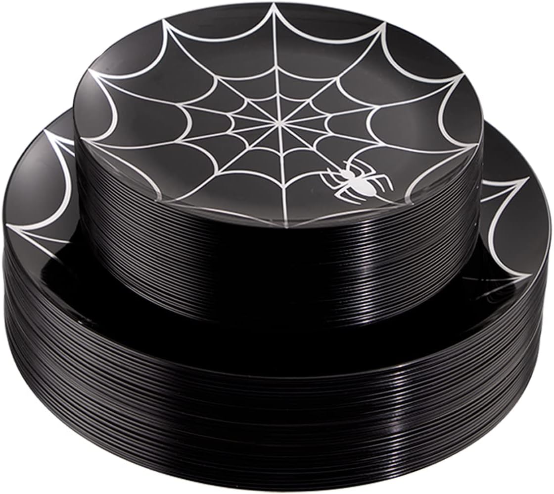 NOCCUR 60PCS Halloween Plastic Plates - 30 Black Dinner/Dessert Plates - Ideal for Halloween Party