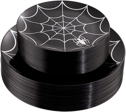 NOCCUR 60PCS Halloween Plastic Plates - 30 Black Dinner/Dessert Plates - Ideal for Halloween Party
