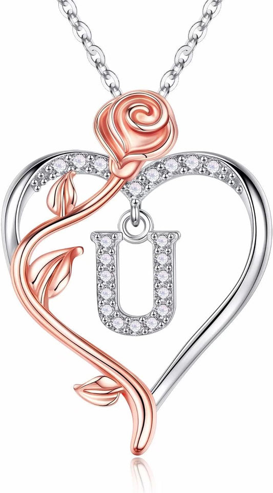 Iefil Christmas Gifts for Women Wife - 925 Sterling Silver Rose Heart Initial Necklace, Anniversary Birthday Gifts for Women, Jewelry Gift for Her Wife Girlfriend Mom Daughter