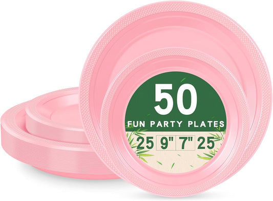 50 Pink Plastic Plates For Party, Includes 25-9" & 25-7" Cake Dessert Plastic Dinner Plates Disposable For Party Supplies