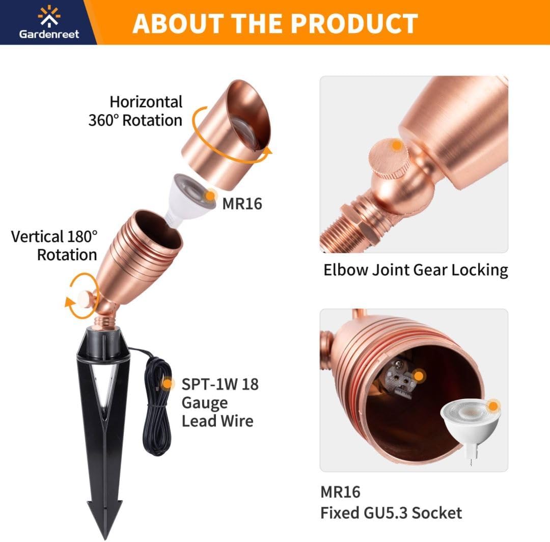 Gardenreet Spot Light Brass - Outdoor Landscape Spotlights LED, 12V Low Voltage Landscaping Uplights, Hard-Wired All Weather Copper for Backyard Lawn with Cold White Changeable Bulbs (8 Pack)