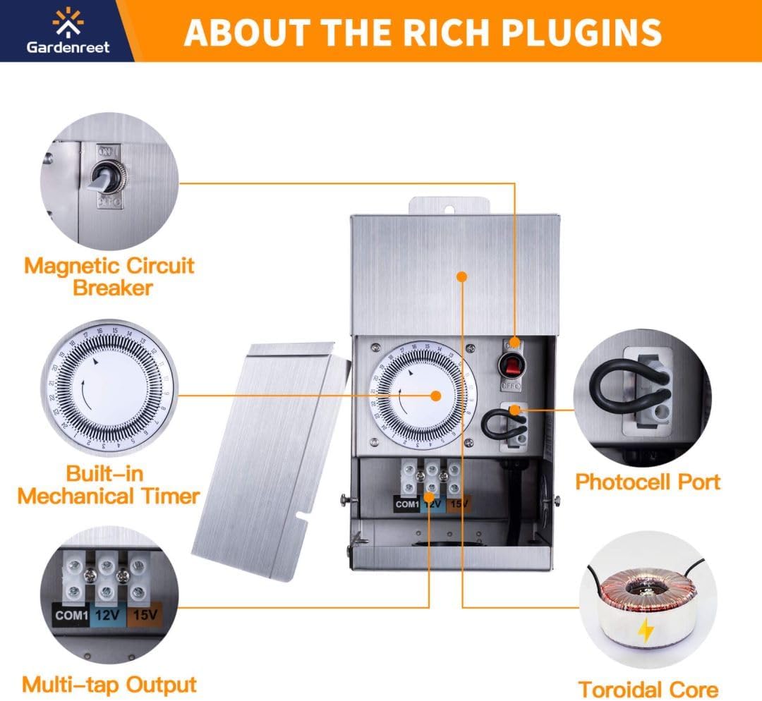 Gardenreet Black Brass Landscape Lighting Kit (4-Pack LED Spotlights) with Low Voltage Transformer 75W and Mechanical Timer and 100FT Cable and 20Pack Wire Connectors for Outdoor Garden Patio