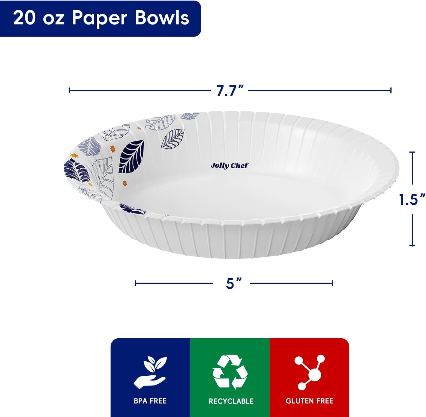 JOLLY CHEF 160 Count Paper Bowls 20 oz Soak Proof and Cut Proof Microwave Safe Heavy Duty Leaf Printed Disposable Bowls for Dinner or Thanksgiving