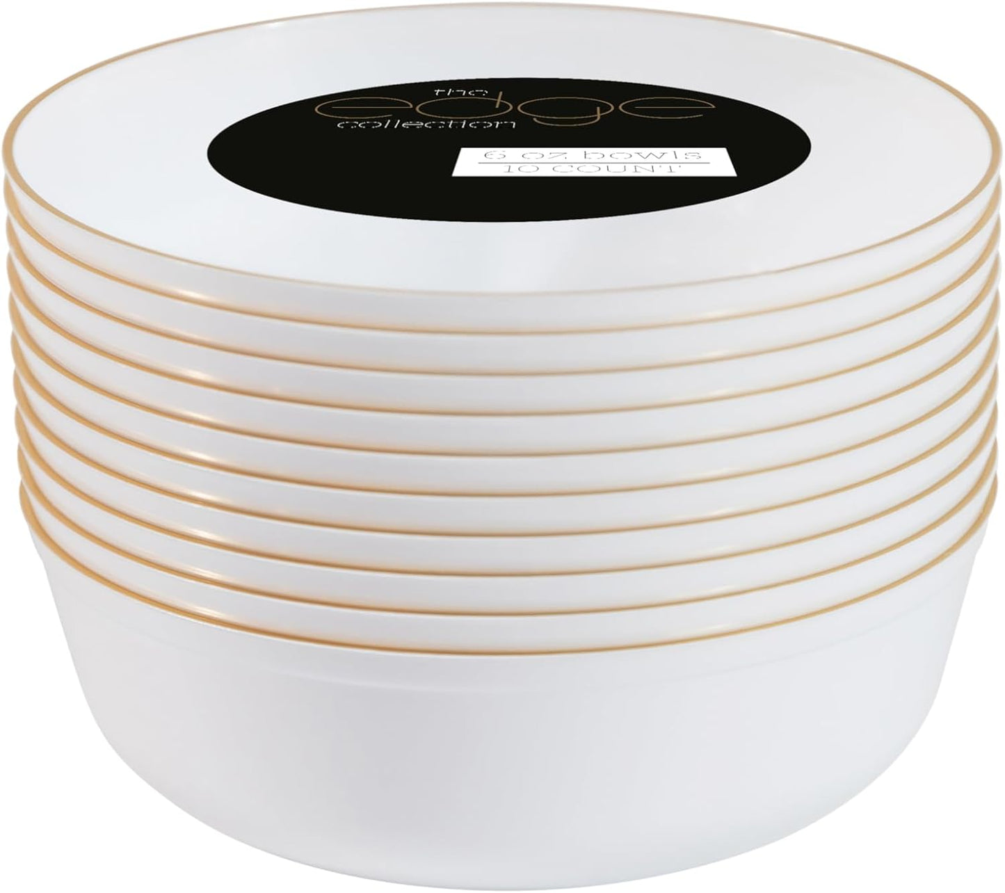 PLASTICPRO [30 Pack 6 OZ Bowls Edge Collection White with Gold Rim Plastic Party Dessert Bowls Premium heavyweight Elegant Disposable Tableware Dishes
