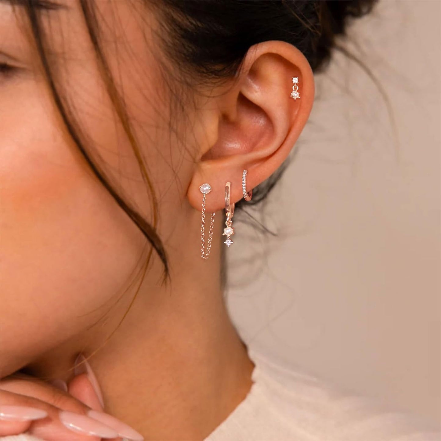 Gold Earrings for Women, 14k Gold Plated Dangle Huggie Earrings for Women Trendy Dainty Gold Hoop Earring Stacks Hypoallergenic Pearl Chain Drop Cartilage Earring Fashion Womens Jewelry