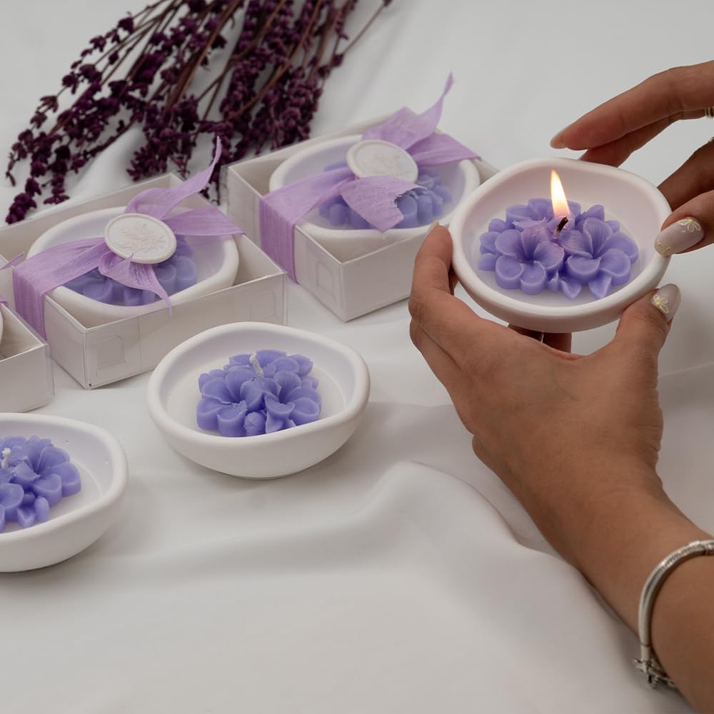 Purple Violet Scented Soy Wax Candles Set of 6 in Ceramic Bowls, Elegant Thank You Gifts for Wedding, Bridal Shower, Party Guests, & Home Decor
