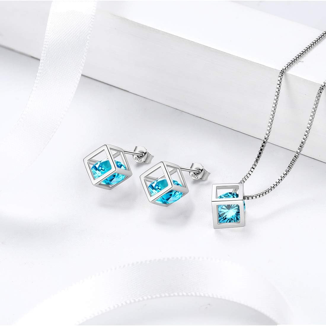 Aurora Tears Birthstone Necklace/Earring 925 Sterling Silver Women Cross/3D Cube/Cresent Moon Birth Stone Jewelry Mens Birthday Gift Anniversary Present
