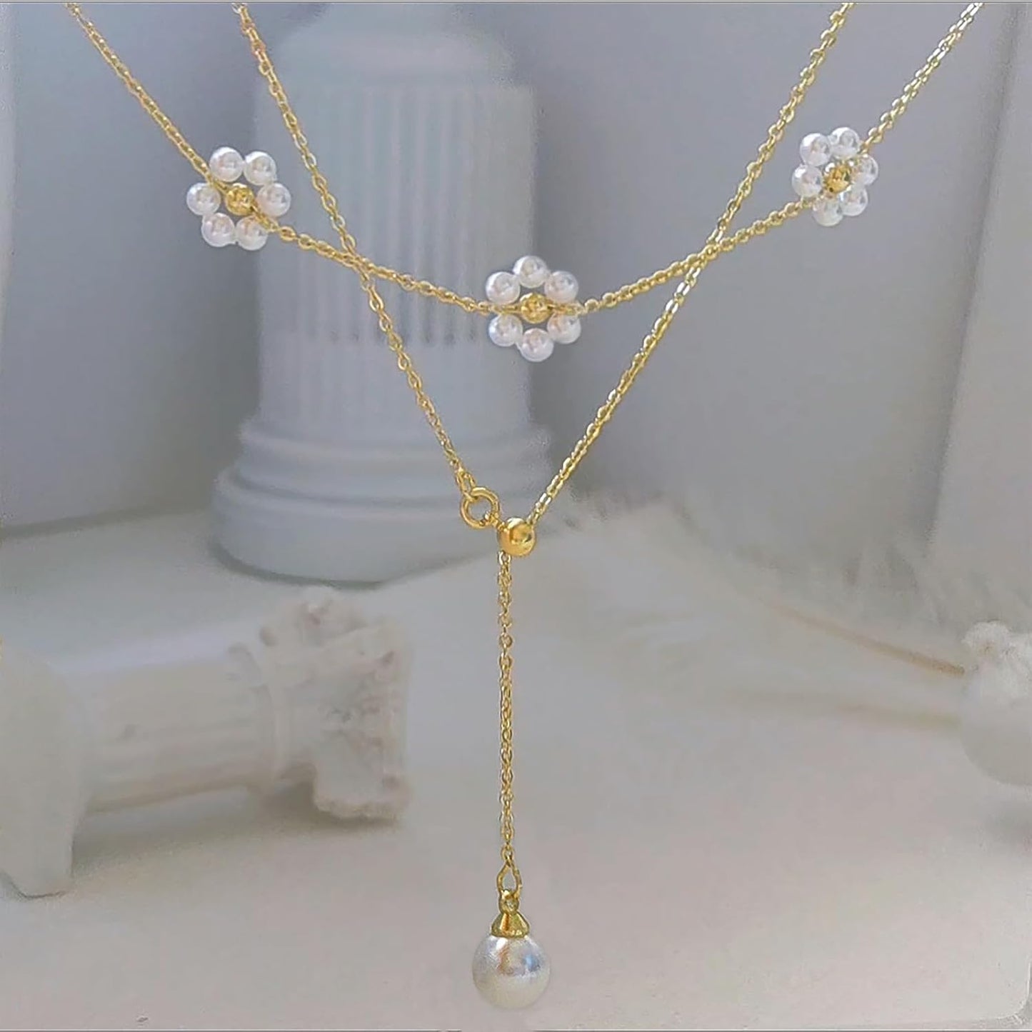 OGD Gold Pearl Necklaces Set for Women 14K Gold Plated Dainty Layered Pearl Cute Daisy Pearl Choker Gold Necklace Gifts for Women Gold Trendy Jewelry Gifts
