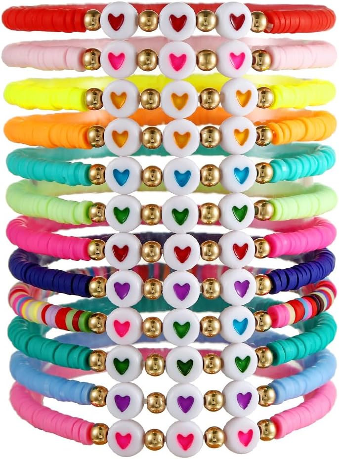 Heishi Surfer Clay Bead Bracelets Set for Women - Preppy Smile Evil Eye Beaded Stretch Bracelets Elastic Layering Friendship Bracelets- Stackable Boho Disc Summer Jewelry Set